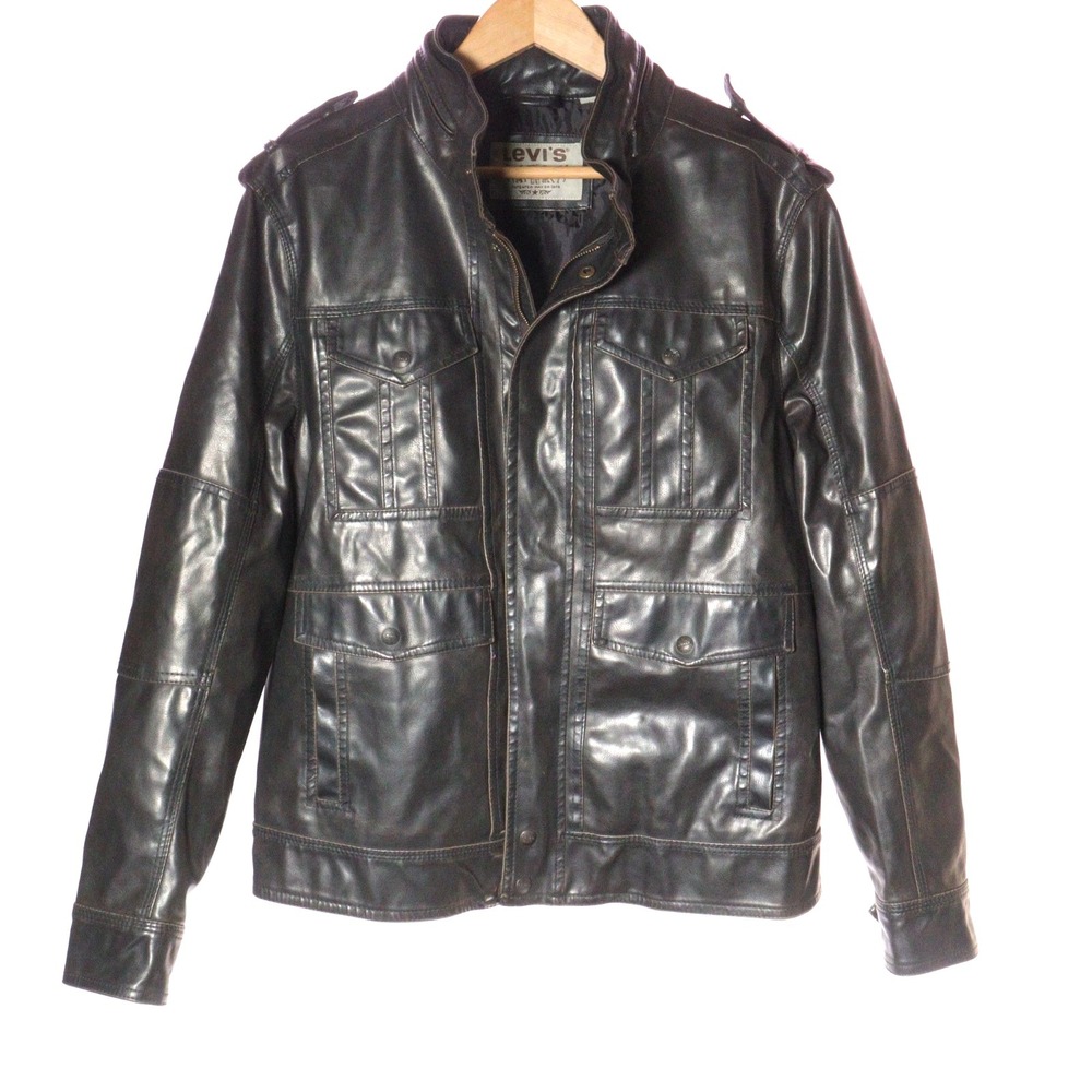 Levis Mens Faux Leather Trucker Jacket L Hooded Moto Dark Brown Full Zip Pockets